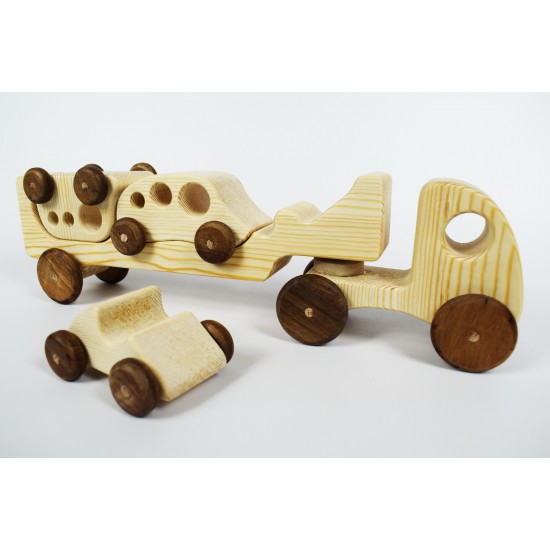 Wooden Toy Truck + 3 Toy Cars - Natural Wooden Toy Vehicle