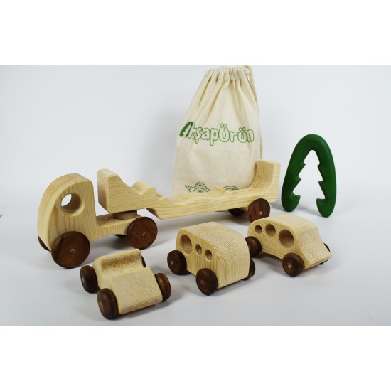 Wooden Toy Truck + 3 Toy Cars - Natural Wooden Toy Vehicle