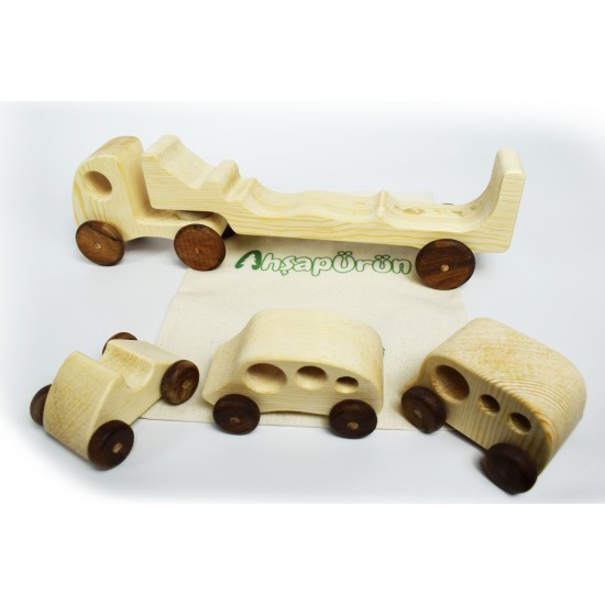 Wooden Toy Truck + 3 Toy Cars - Natural Wooden Toy Vehicle