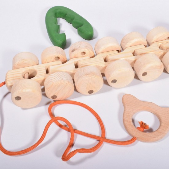 Pull Wooden Caterpillar Toy - 14 Wheels - Natural Wood